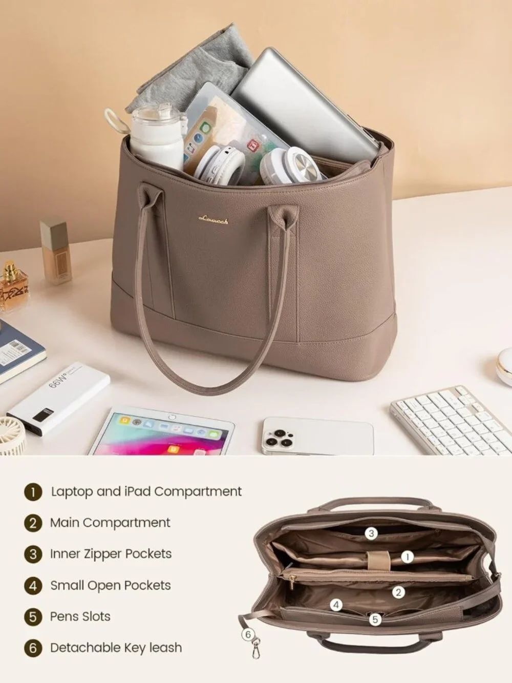 Stylish Waterproof PU Leather Laptop Tote Bag, 15.6